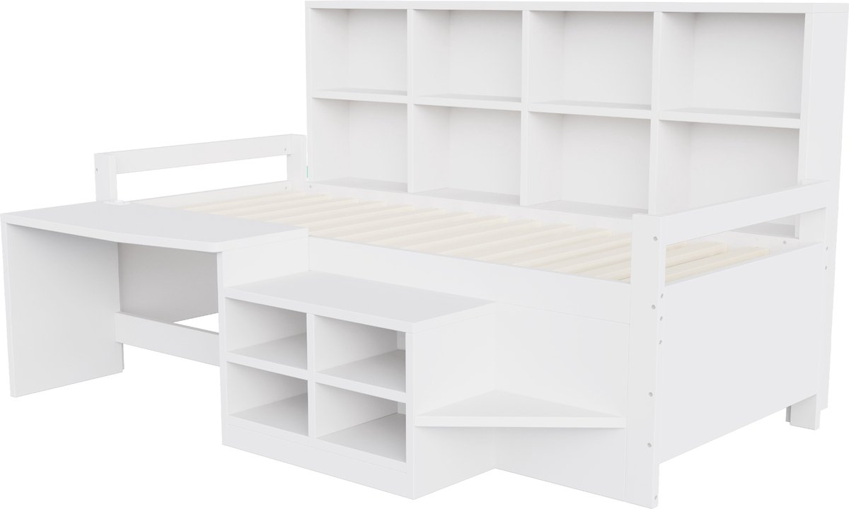 WUVRIE Hoogslaper 90x200 cm met bureau, opbergvakken, USB, stopcontact en LED, wit