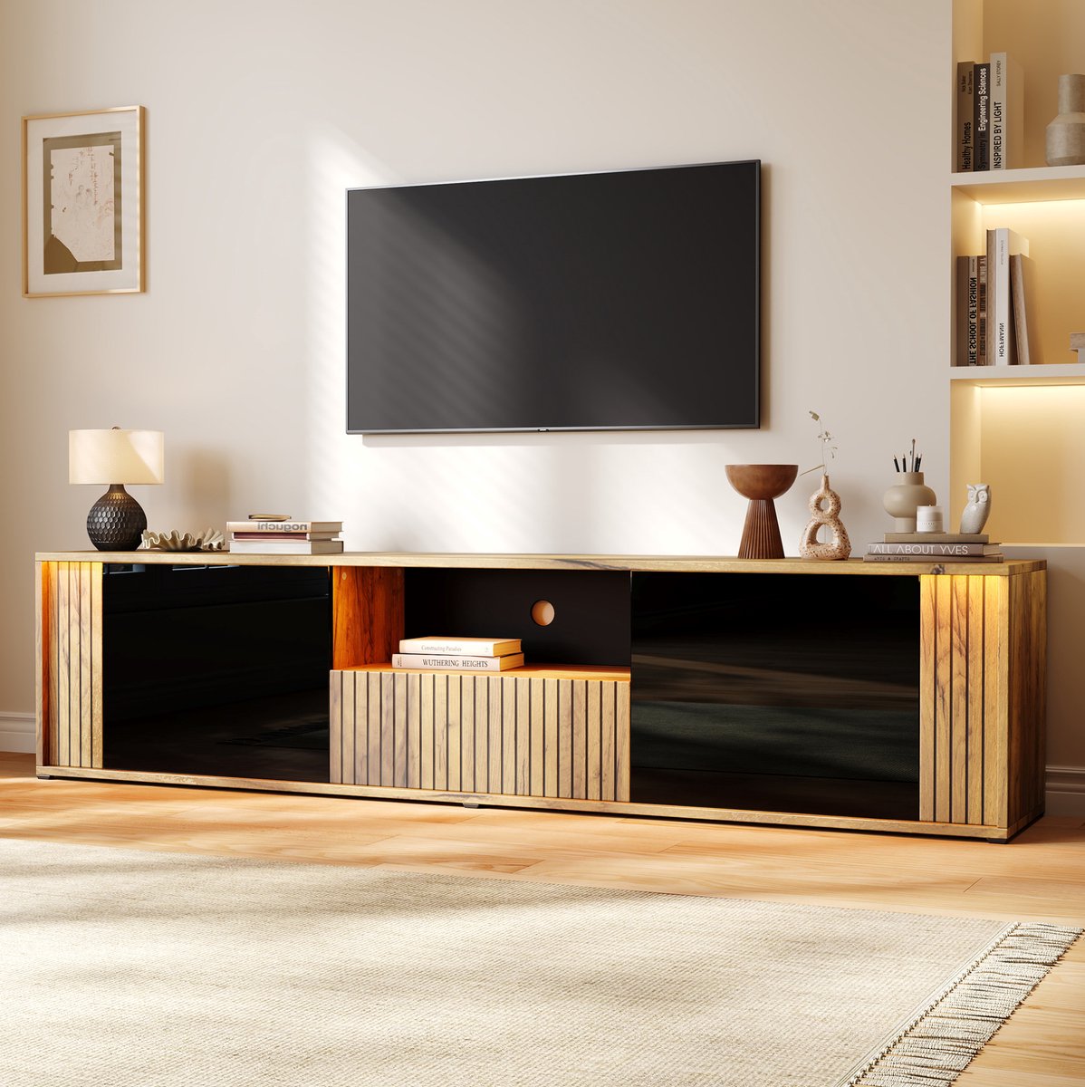 MODENUIT Dressoir - Tv-Meubel Met Ledverlichting En 2 Deuren 1 Lade - Hout En Zwart - 180x40x51 Cm