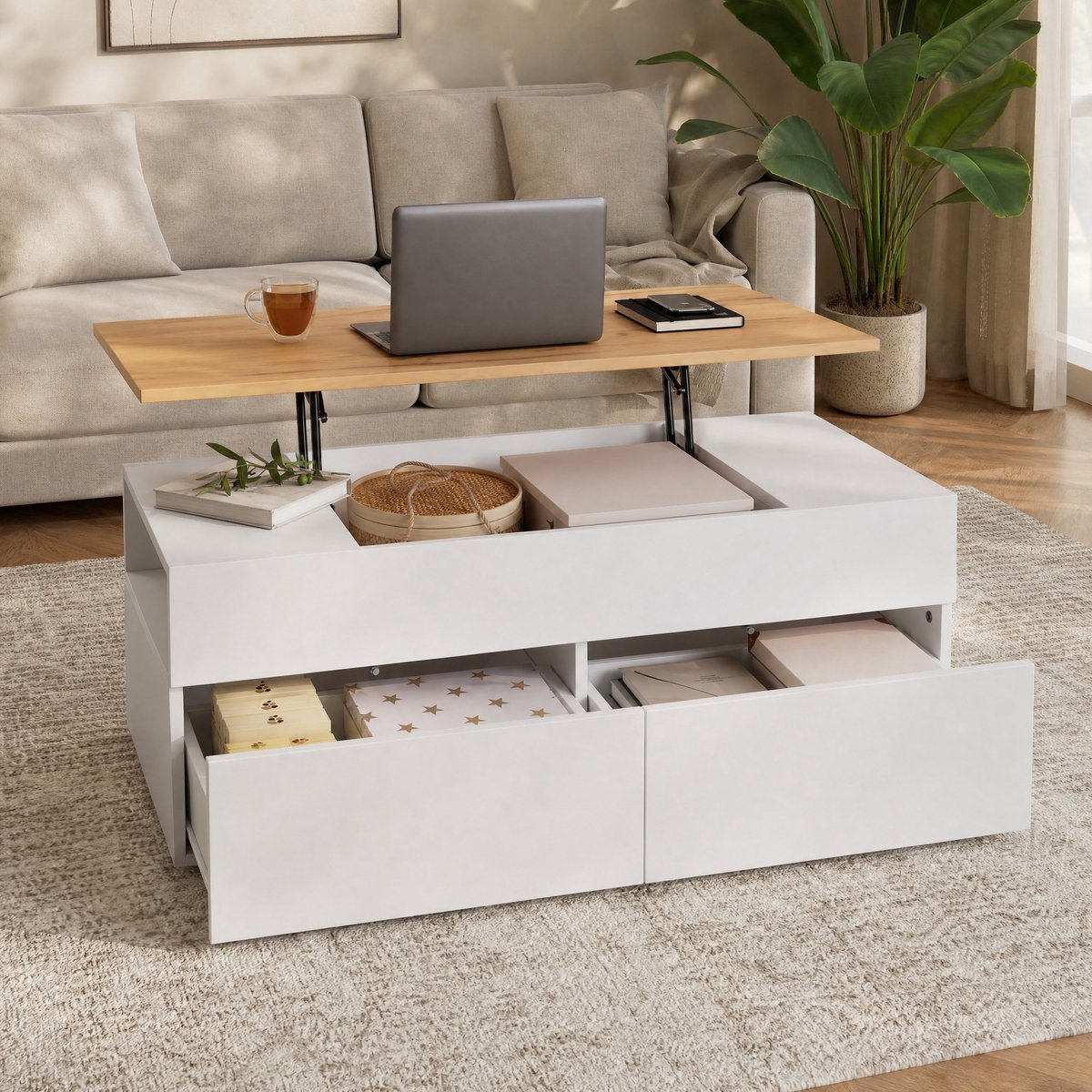COVREO Salontafel met 2 lades – Zeteltafel met hoogteverstelling – voor woonkamer en thuiswerken – 100x50x40 cm – Wit en houtkleur