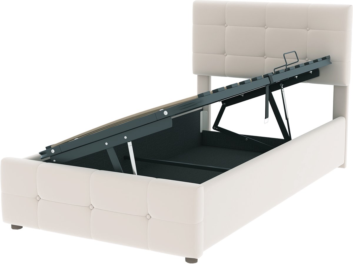 WUVRIE Gestoffeerd kinderbed 90x200 cm met hydraulische opbergruimte, verstelbaar hoofdeinde, beige