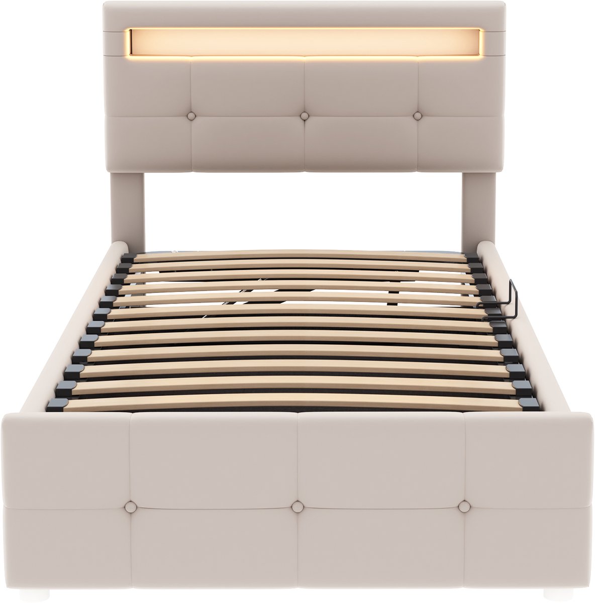 WUVRIE Gestoffeerd kinderbed 90x200 cm met LED, hydraulische opbergruimte en verstelbaar hoofdeinde, beige
