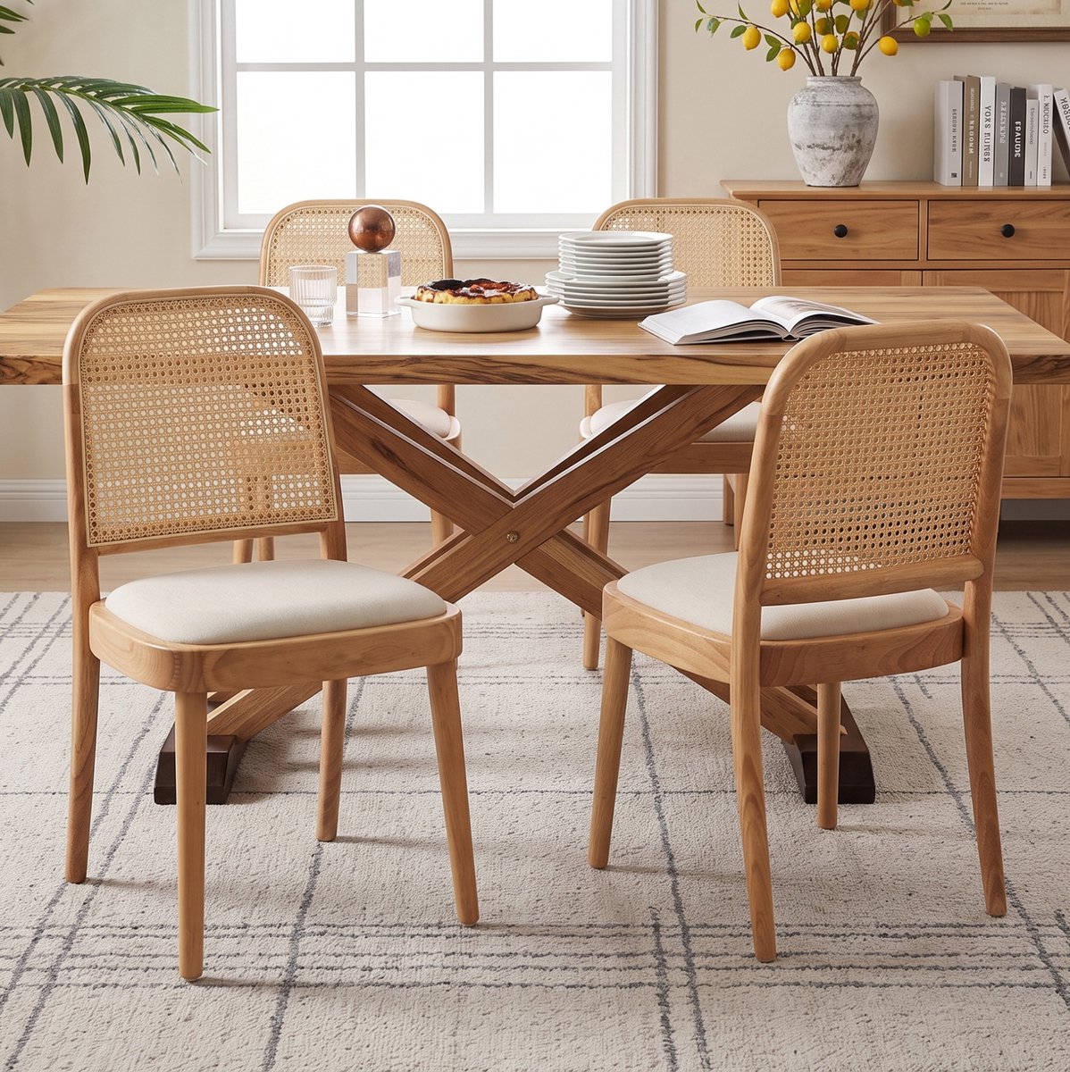 DESMIU Eetkamerstoel 45 x 52 x 84 cm - Set Van 2 Met Rotan Rugleuning En Linnen Zitting - Voor Eetkamer Woonkamer En Café - Hout En Stof - Houtkleur