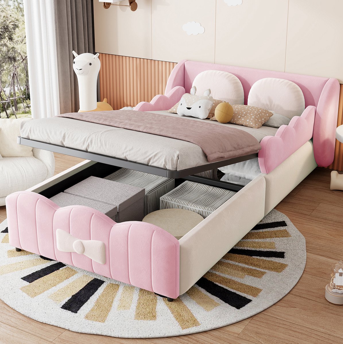REDOM - Kinderbed - Fluwelen bekleding - Hydraulisch opbergvak - Met 2 decoratieve kussens - Vleugelvormig design met strik - Kinderkamer - Stof - Roze - 90 x 200 cm