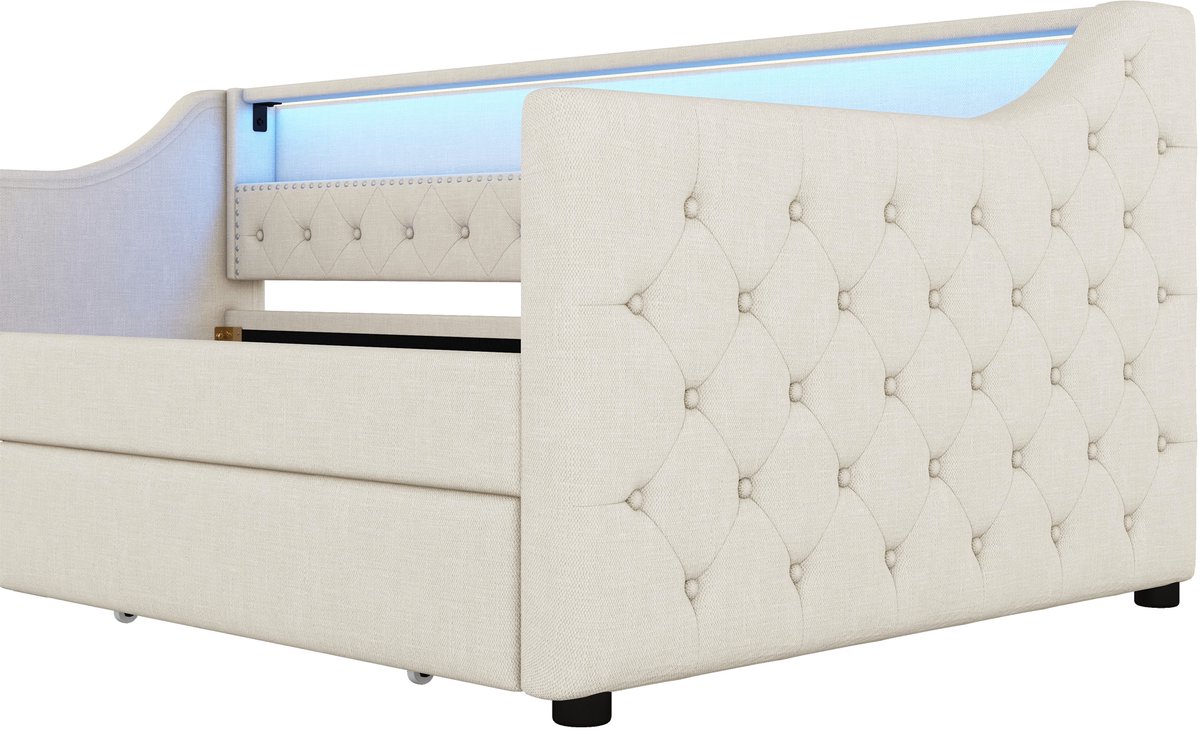 WUVRIE Bedbank 90x200 cm met lattenbodem, 2 lades, LED-verlichting en USB, beige
