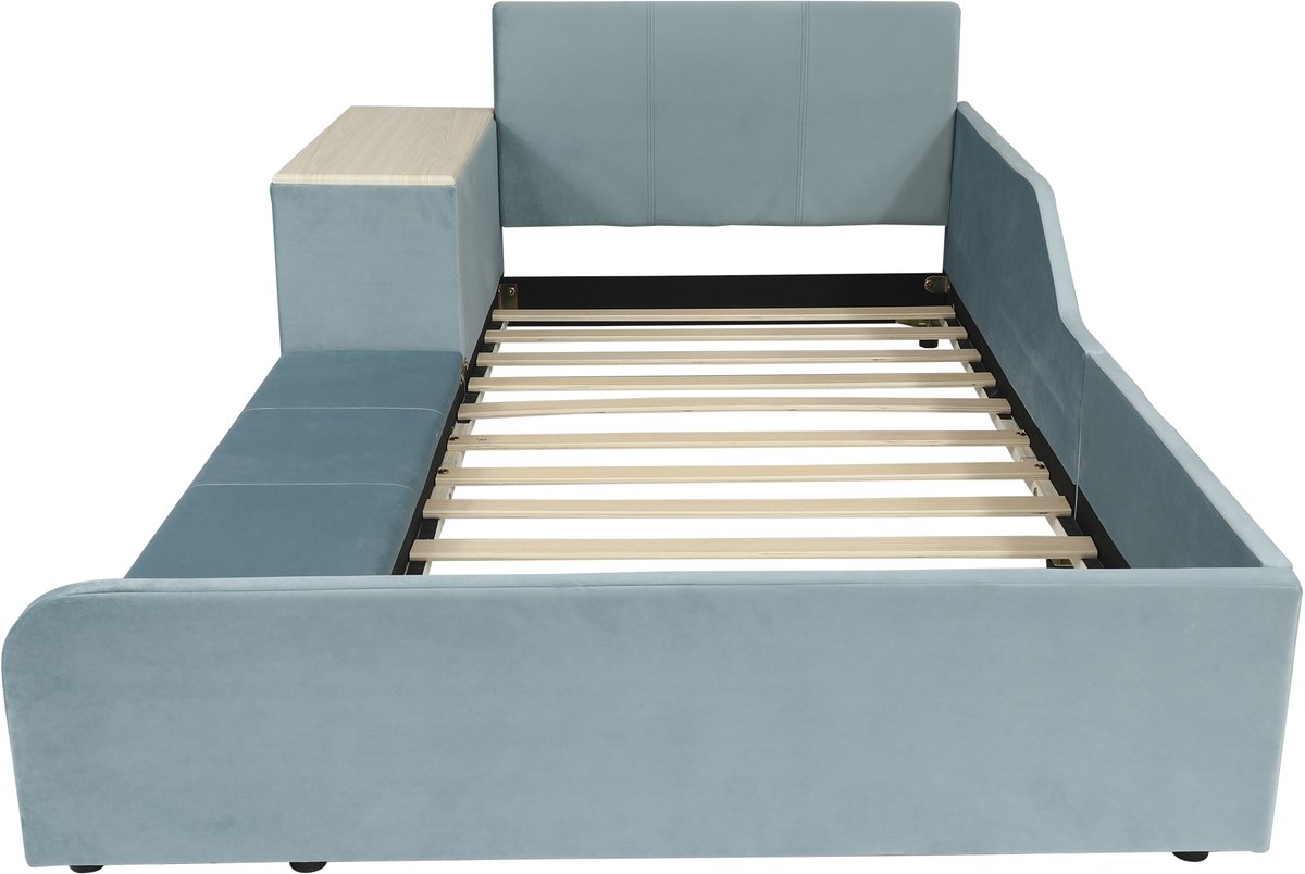 MUVANO Kinderbed met bureau en kruk - Blauw fluwelen eenpersoonsbed 90x200 - Met opbergplank - 90x200 cm - Slapen en leren - Kinderkamer Blauw