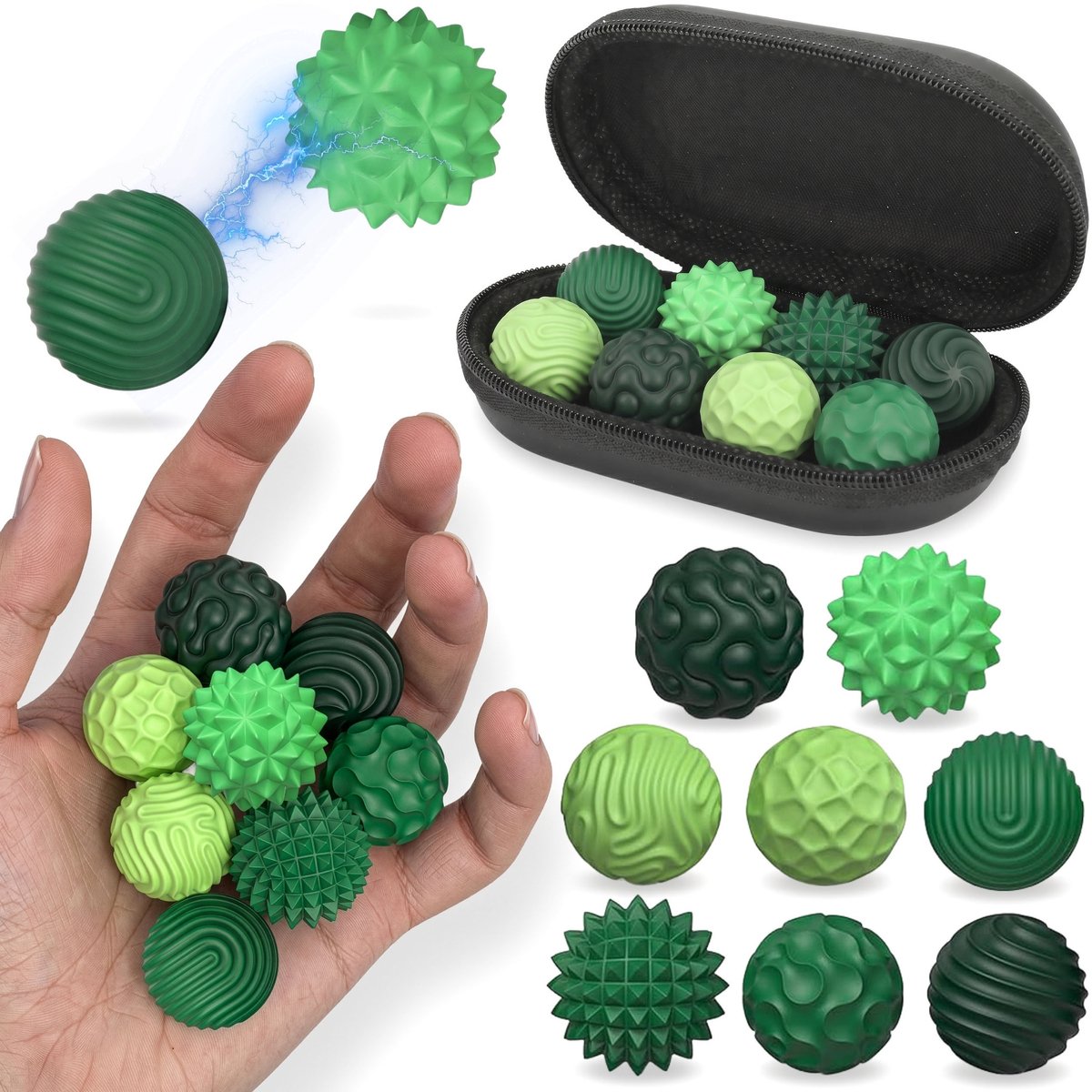 Magnetische SENSORISCHE ANTISTRESS ballen, SET 8 st. groene siliconen balletjes + ETUI