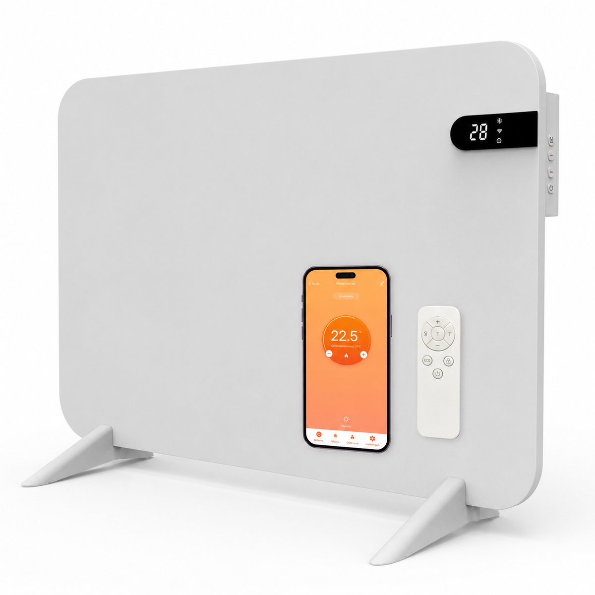 Infraroodkachel 450W met wifi, afstandsbediening, vrijstaand en wandmontage, handdoekhouder, IP44