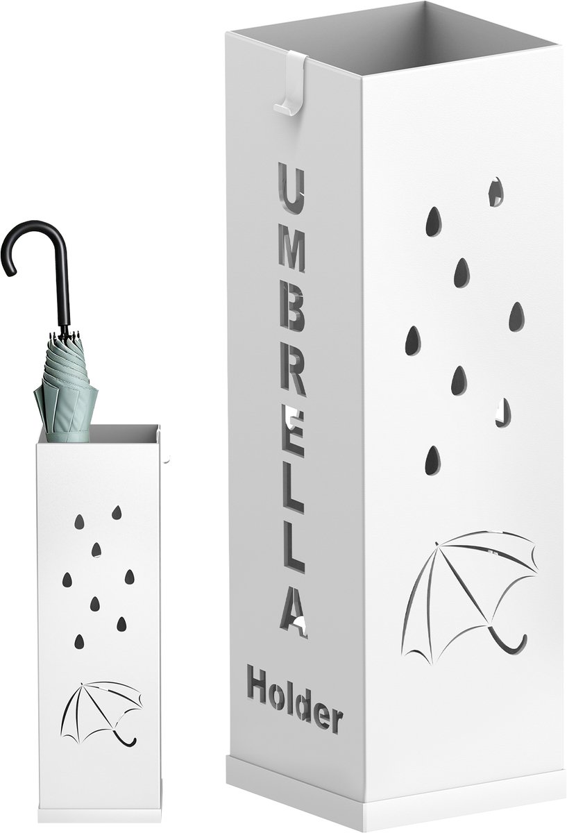 Soontrans - Paraplubak Vierkant Metaal - Parapluhouder Met Uitneembare Lekbak - Paraplustandaard 16x16x49 cm - Paraplubakhouder Wit