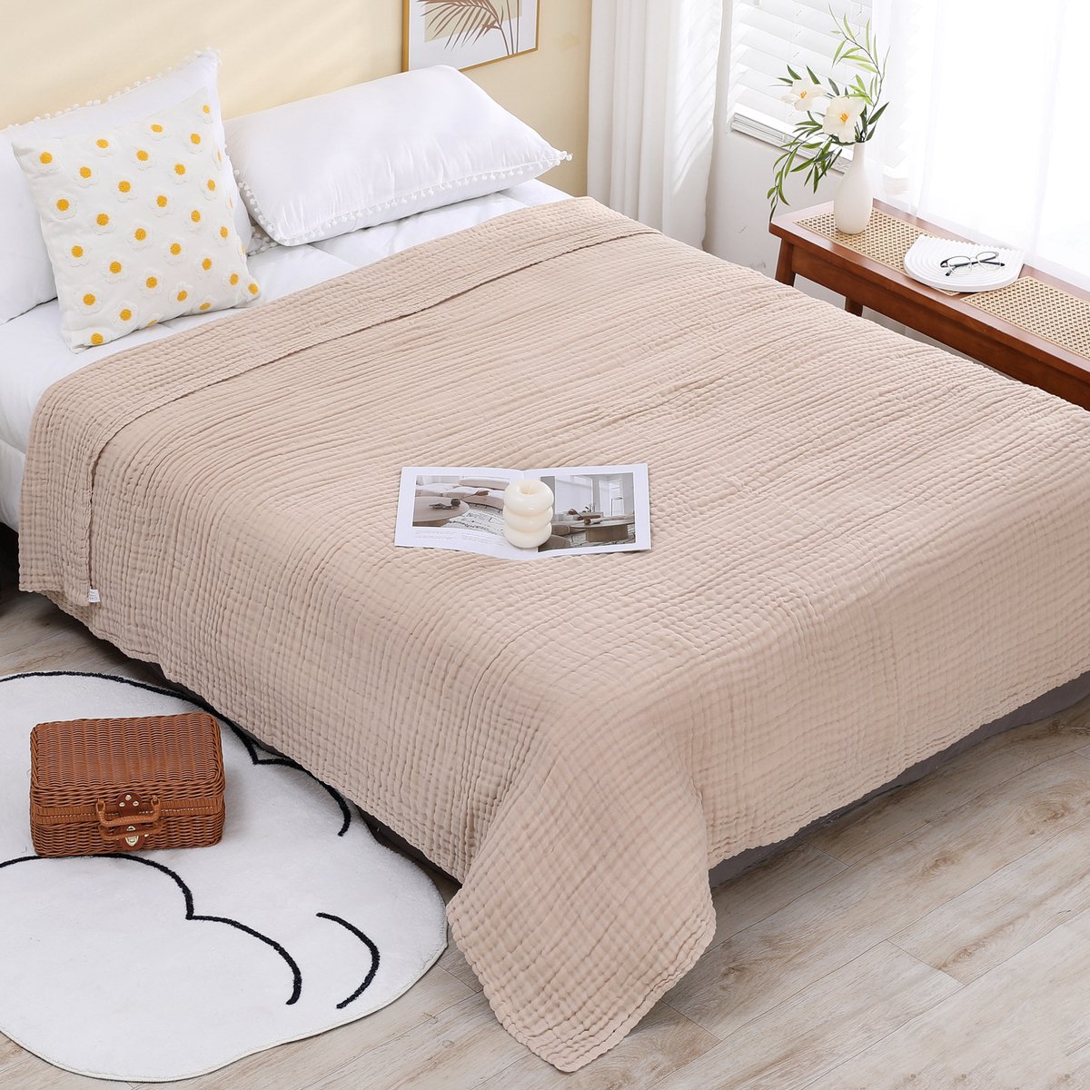 Deze katoenen deken is gemaakt van puur katoen en ademend mesh-materiaal, is geschikt voor alle seizoenen en is zacht en licht van gewicht. (1 stuk)-Beige-130*150cm