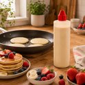 Een stapel gouden pannenkoeken met fruit, naast een transparante doseerfles met rode dop.