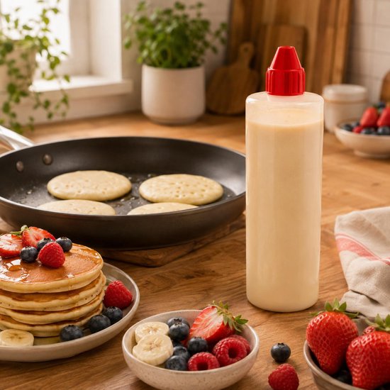 Een stapel gouden pannenkoeken met fruit, naast een transparante doseerfles met rode dop.