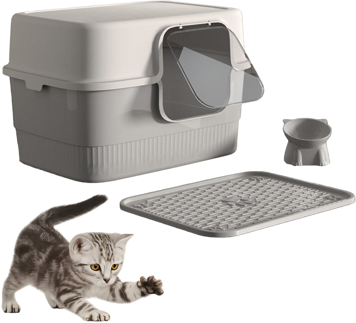 Wishdor Gesloten Kattenbak met Accessoires - XXL Kattentoilet - Inclusief Schep, Uitloopmat & Voerbak - Anti-Spetter - 52x38x35 cm - Grijs/Beige