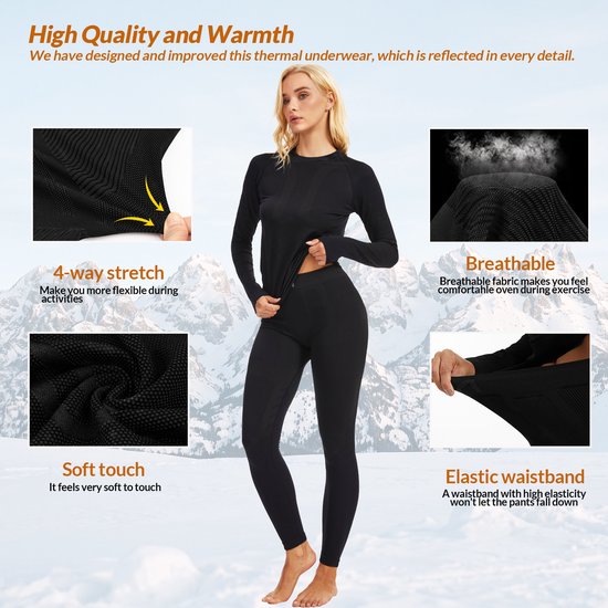 Model in zwarte thermokleding met details over 4-weg stretch, ademend, zacht en elastische tailleband.