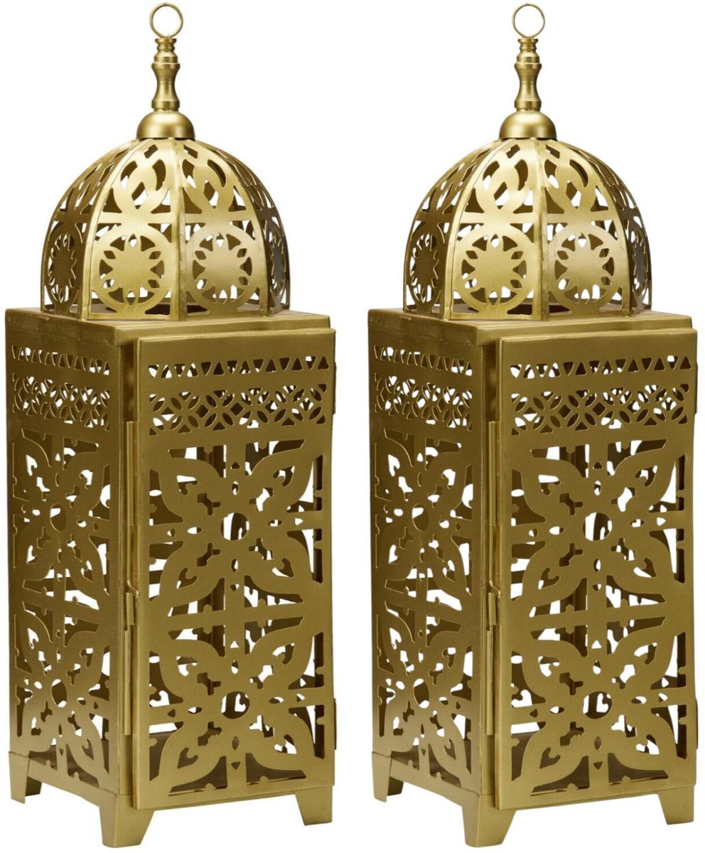 Home & Styling Windlicht Lantaarn - 2x - Oosters - Arabische sfeer - goud - 12 x 38 cm - metaal - voor een waxinelichtje Goudkleurig