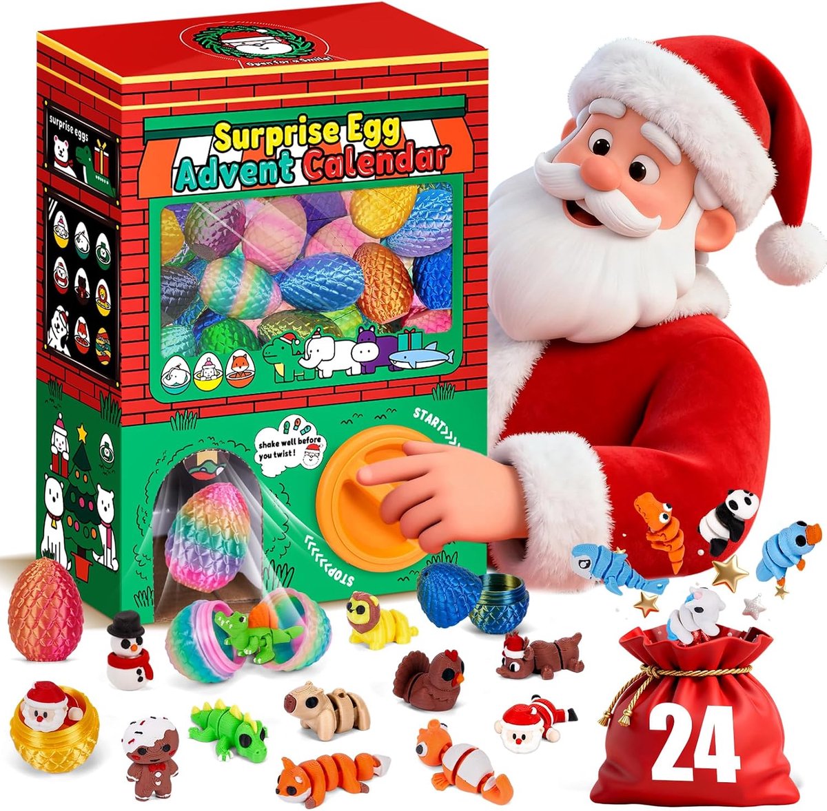 Kerstadventskalender - 24-daagse Gashapon-machine - Bevat 3D-miniatuurdiertjes - Knuffelcadeau voor in de kerstsok - Geschikt voor jongens en meisjes van 3-12 jaar.