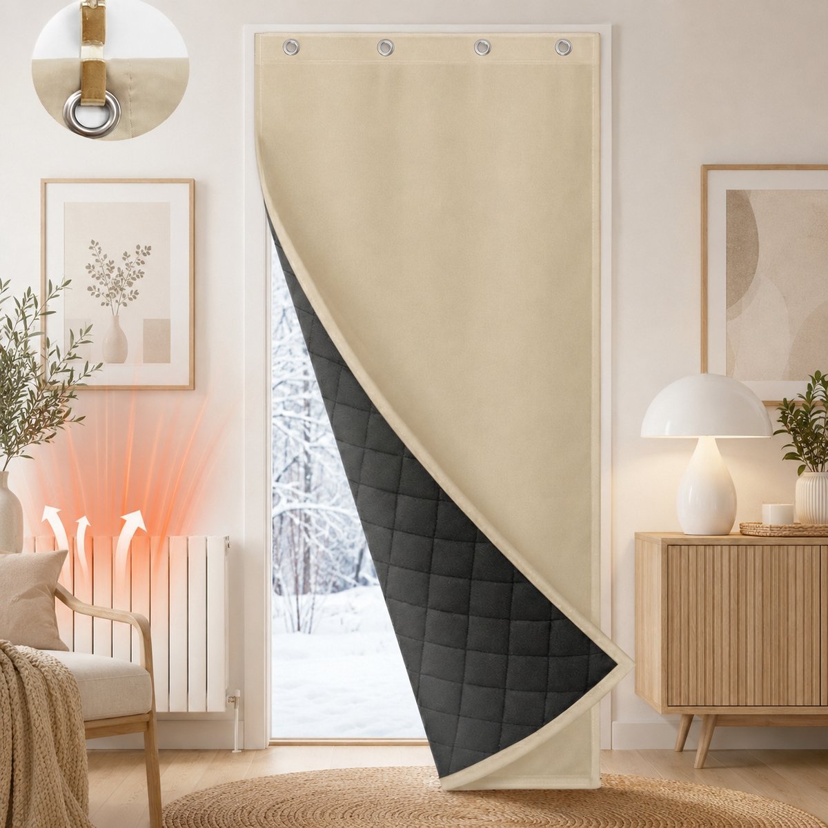 MUPOO isolerende Deur gordijnen Verduisterend Met Oogjes 420gsm Quilted - Waterdicht, Thermisch Winddicht, Zelfklevende Achterkant - Dikke gordijinenVoor Thuis/Winkels/Woonkamer - Beige - 100x210cm