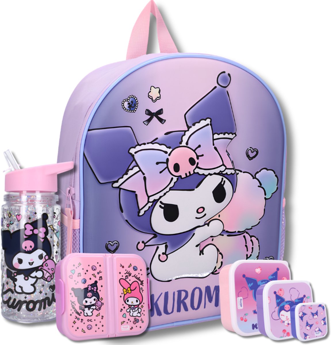 Kuromi 3D Schooltas Set Meisjes 6-Delig – Rugzak, Broodtrommel, 3 Snackboxen & BPA-vrije Glitter Drinkfles – Paars