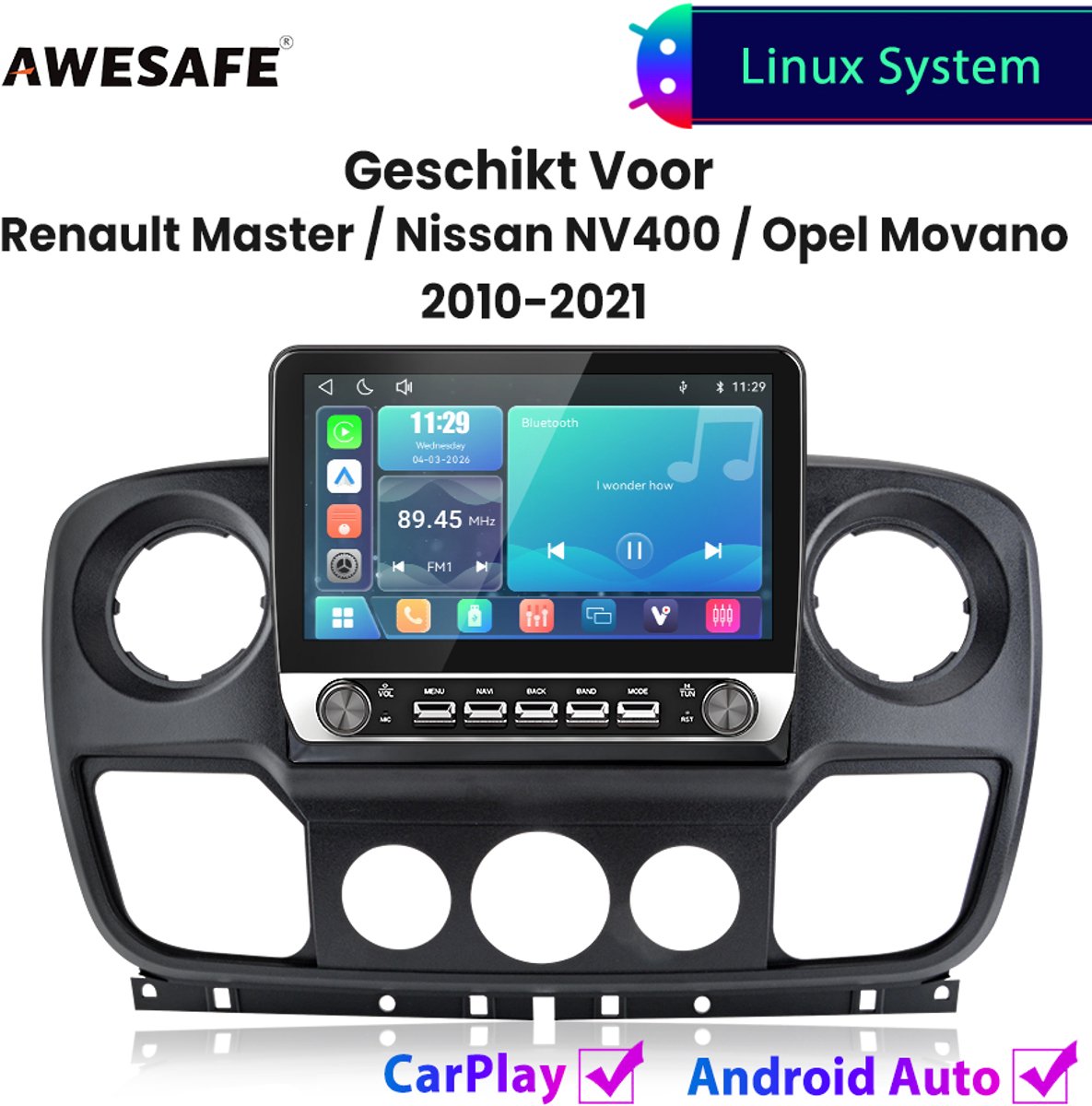 Awesafe Autoradio - Geschikt Voor Renault Master / Nissan NV400 / Opel Movano 2010 t/m 2021 - Draadloos Carplay Android Auto - Linux systeem - 10.1 Inch Touchscreen - Bluetooth Wifi - 2011 2012 2013 2014 2015 2016 2017 2018 2019 2020