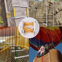 Collage: brandtrap bevestigd aan muur; opgerolde brandtrap; klimtouwen; brandtrap op rots; brandtrappen in speeltuin; man in mand heteluchtballon.
