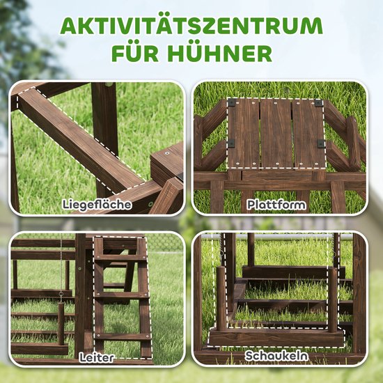 Houten kippenspeeltuin: ligvlak, platform, ladder en schommel.