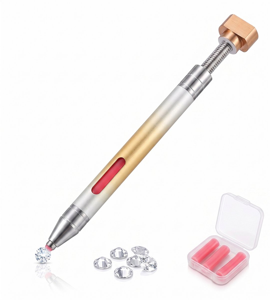 Huntex Hervulbare Diamond Painting Pen – Metalen Waxpen Goud/Zilver – Inclusief Transparante Opbergcase en Extra Wax