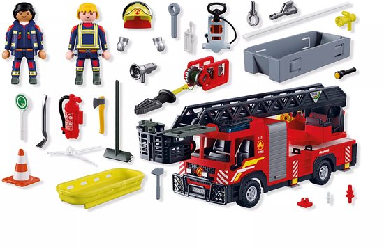 Rode PLAYMOBIL brandweerwagen met ladder, twee brandweerlieden en vele accessoires zoals brandblusser, brancard en gereedschap.