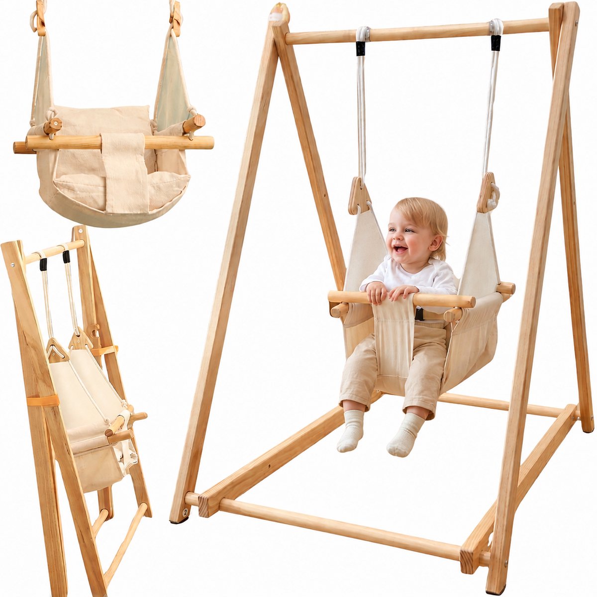 Houten Babyschommel - Met Schommelstoel - 6 tot 36 maanden - Inklapbaar - Baby Swing - Baby - Wipstoel Baby - Baby Zitje - Dennenhout - Houten Speelgoed