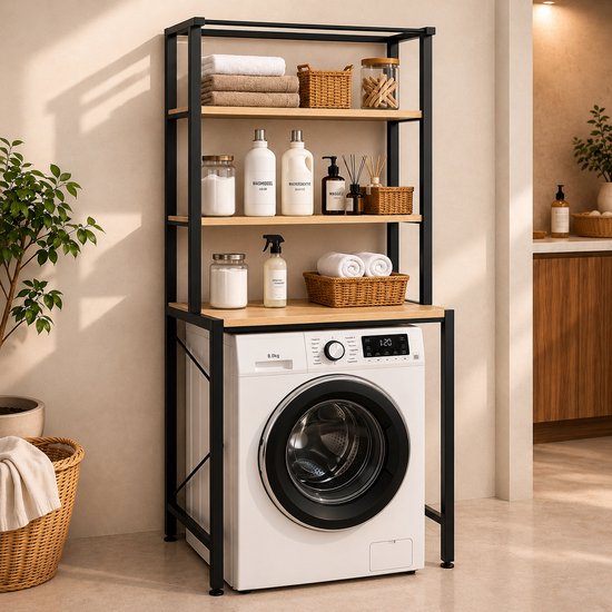 Zwart metalen frame wasmachine rek met houten planken, gevuld met handdoeken, zeepjes en mandjes. Wasmachine met witte deur zichtbaar.