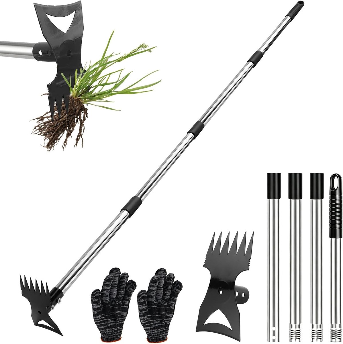 Gazon nivelleerhark - Zwart - 148 cm - Koolstofstaal en Hout - 2-in-1 Tuinhark en Onkruidsteker voor Tuin en Terras