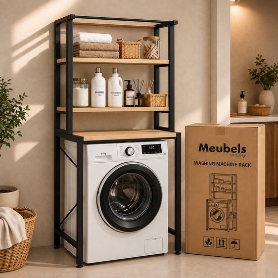 Zwart metalen frame wasmachine rek met houten planken, naast een gesloten kartonnen doos met "Meubels van Joep" erop. Wasmachine zichtbaar.