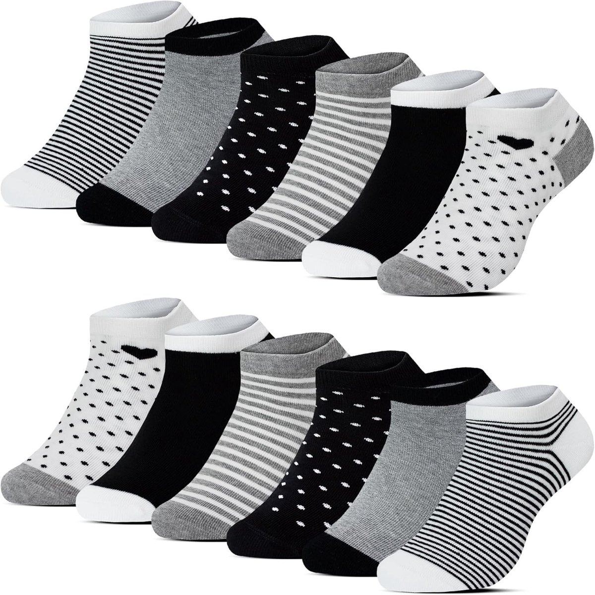 12 Paar Enkelsokken - Stippen Strepen - Maat 35-38 - Katoenen Sneakersokken - Voor Dames en Meisjes