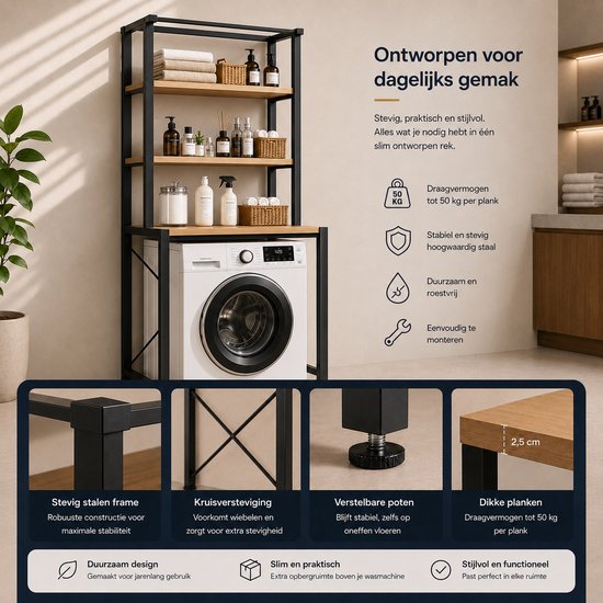 Zwart metalen frame wasmachine rek met houten planken, met deuren van de wasmachine zichtbaar. Draagvermogen tot 50 kg per plank.