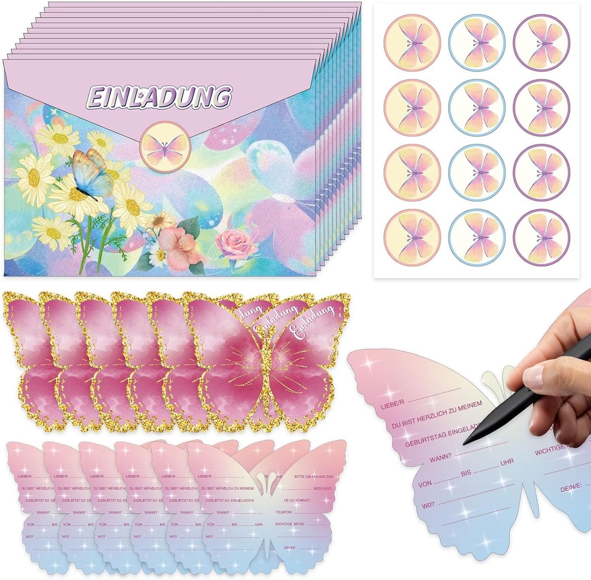 Set van 12 uitnodigingen met gouden rand voor een vlinderverjaardagsfeest - Betoverende uitnodigingskaarten voor meisjes, feestuitnodigingen met enveloppen, unieke verjaardagsdecoratie en feestaccessoires