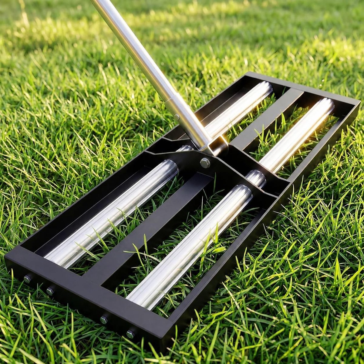 Gazon nivelleerhark - Zilver - 43,2 x 25,4 cm - Roestvrijstaal met Aluminium Wielen - Verlengde Handgreep voor Tuin en Erf