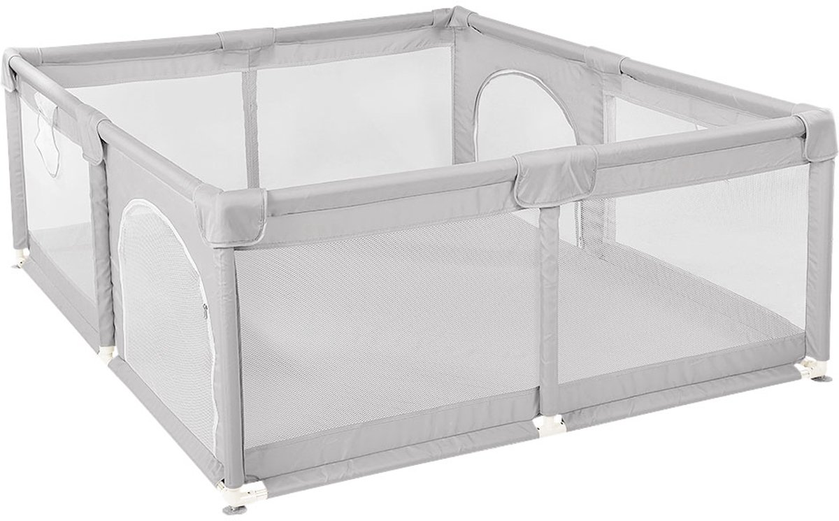 PIPIPOXER Baby Grondbox – Babybox 150x150 cm - Speelmat – Speelbox– 2 optrekhandvatten - Inclusief opbergtas - Kruipbox Playpen - Basket –Lichtgrijs