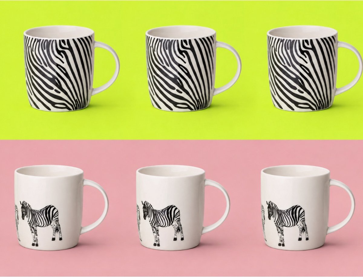 Cosy&Trendy Leopard Animal Serie - set van 6: 3 Zebra Mokken & 3 Gestreepte Mokken – 36 cl – – Keramiek – Zwart/Wit Design – Trendy Koffiemokken