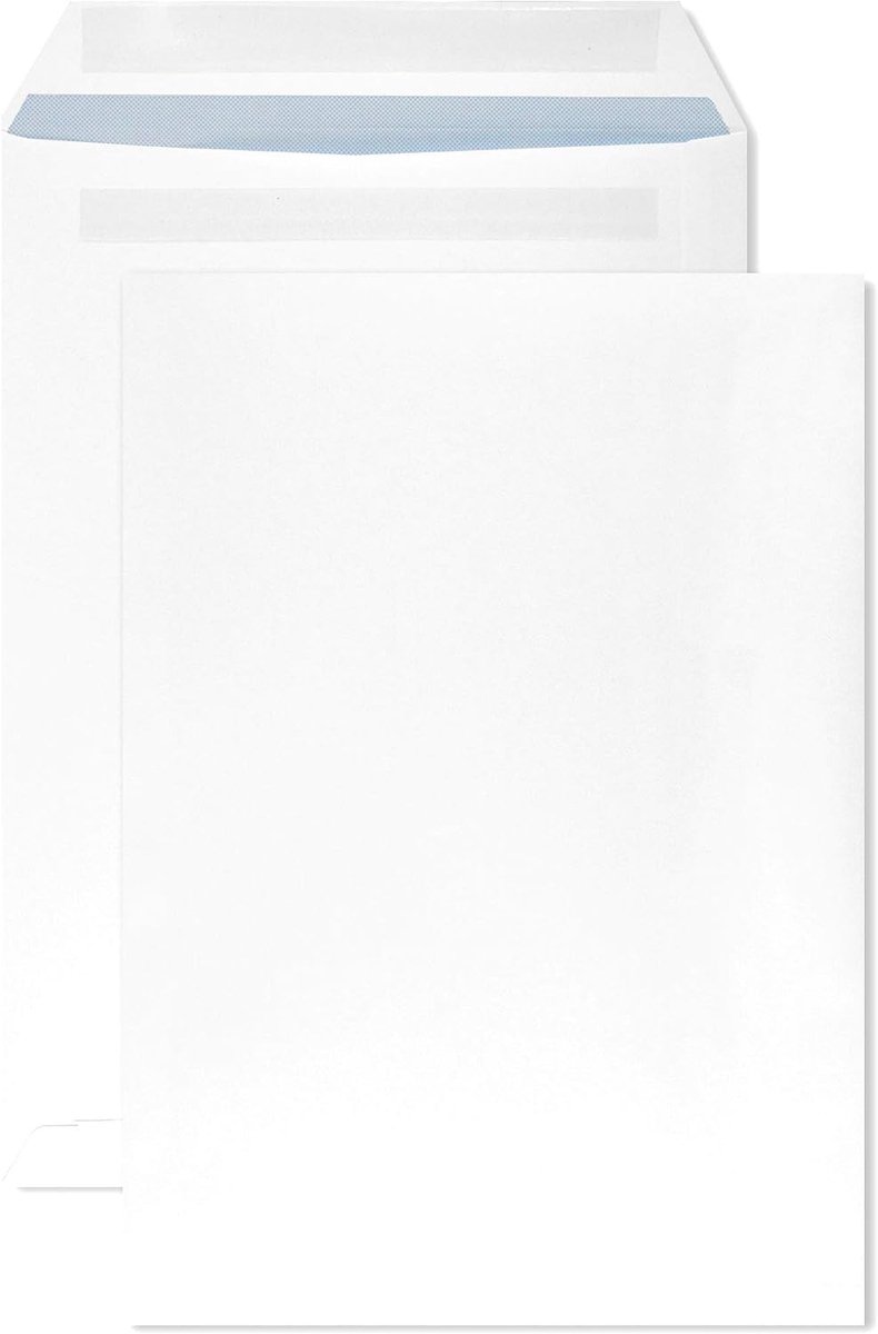 C4 witte enveloppen met blauwe binnenprint 229x324mm, zelfklevend zonder venster, ideaal voor verzending van documenten en brieven