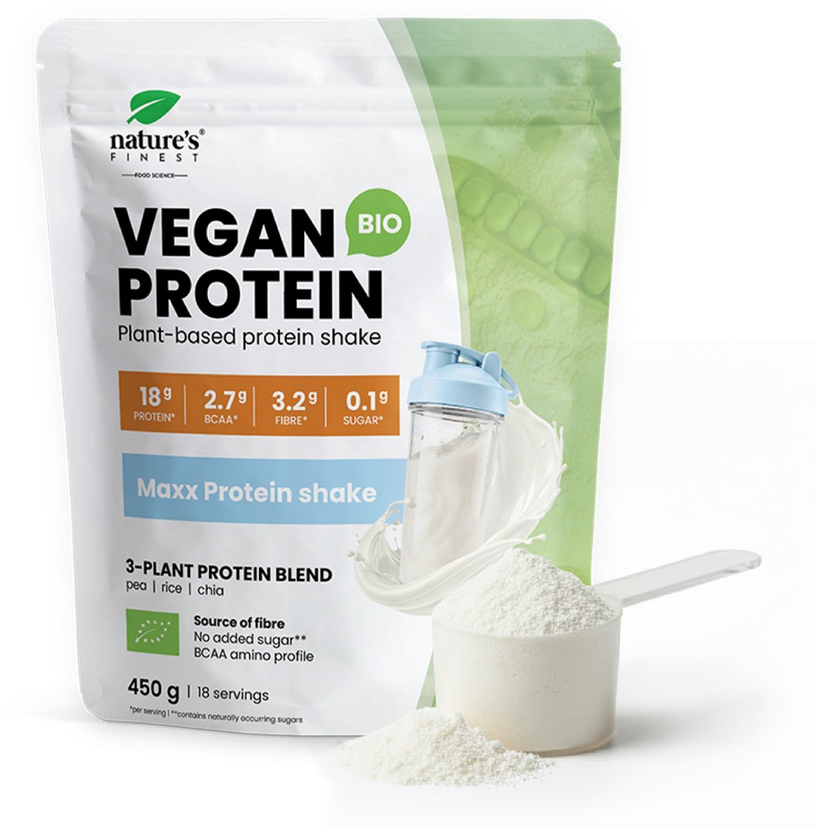 Nature's Finest Bio Vegan Protein Maxx - Plantaardige Eiwitshake Poeder 450 g - 74 g Eiwit per 100 g uit Erwt, Rijst en Chia - Rijk aan Eiwit en Vezels - Biologisch en Vegan - Zonder Toegevoegde Suikers - 18 Porties