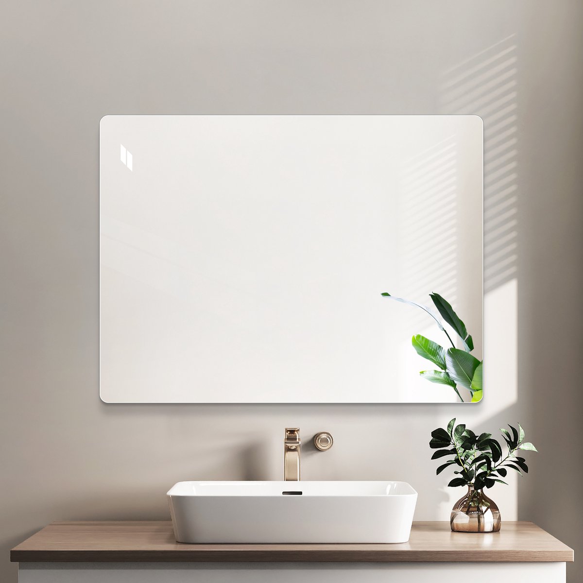 Frameloze wandspiegel van 100 x 75 cm – HD koperloze badkamerspiegel, moderne spiegel voor kaptafel, slaapkamer of hal, decoratieve spiegel die verticaal of horizontaal kan worden opgehangen en voorzien is van een onbreekbare folie.