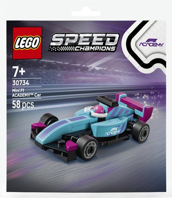 Blauwe en paarse LEGO F1 auto met strepen, F1 ACADEMY logo.