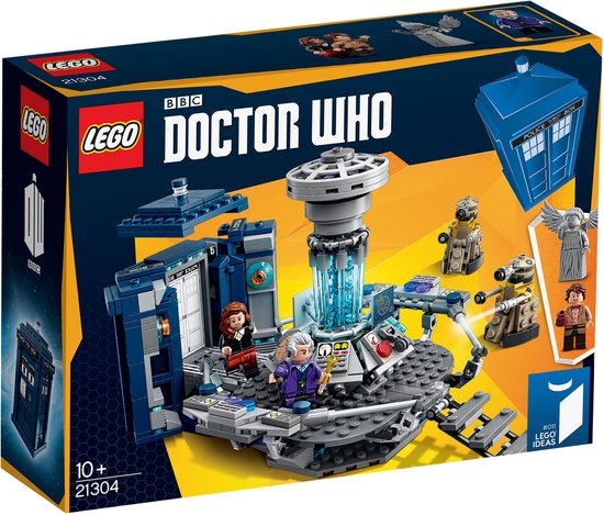 LEGO Doctor Who set met de TARDIS, console en vier minifiguren: twee Daleks, een Weeping Angel en The Doctor.