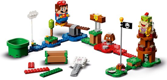 LEGO Super Mario speelveld met Mario-figuur, Goomba, Bowser Jr. en een vlaggenmast, met extra bouwstenen.