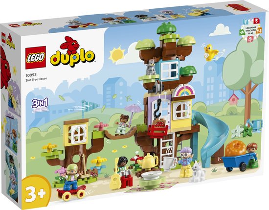LEGO DUPLO 3in1 Boomhut speelset met glijbaan, veel figuren en accessoires.