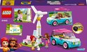 LEGO Friends-illustratie: windmolen laadt turquoise auto op, met twee poppetjes, hondje en close-ups.