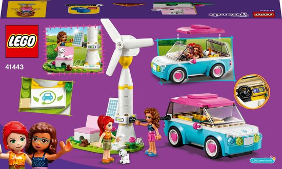 LEGO Friends-illustratie: windmolen laadt turquoise auto op, met twee poppetjes, hondje en close-ups.