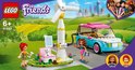 LEGO Friends-doos: windmolen laadt turquoise auto op met twee poppetjes en een hond.