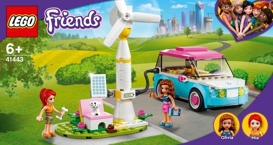 LEGO Friends-doos: windmolen laadt turquoise auto op met twee poppetjes en een hond.