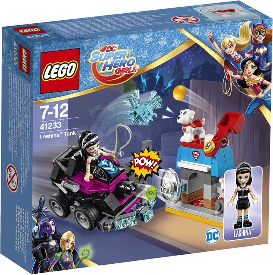 LEGO DC Super Hero Girls Lashina tank doos met Lashina in haar paarse tank, een hond en Super Hero Girls.