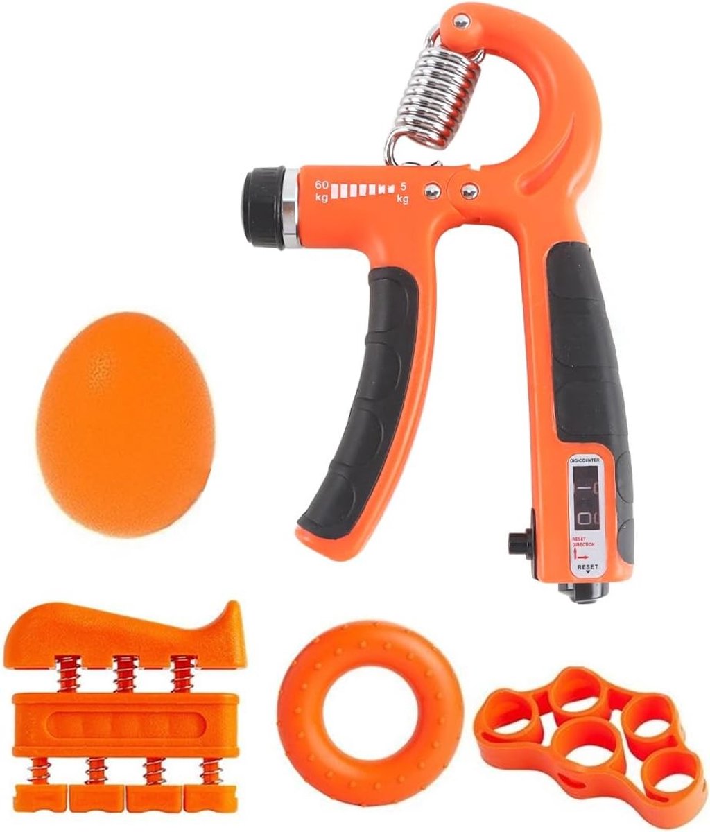 5-delige Hand Grip Versterking Kit met Verstelbare Weerstand, Digitale Hand Exerciser 11-60kg voor Sterke Polsen, Vingers, Onderarmen en Handen (oranje en zwart)