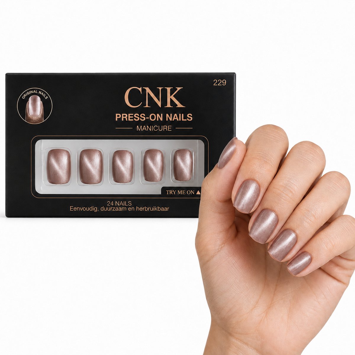 CNK 229 Press On Nails - Plaknagels - 24 Kunstnagels met Nagellijm, 24 Zelfklevende Plakstickers, Cleaner Wipe, Nagelvijl, Woodstick & Size Matcher - Nepnagels voor 7-14 Dagen - Herbruikbare Press-On Nagels - Starterspakket voor Manicure & Nail Art